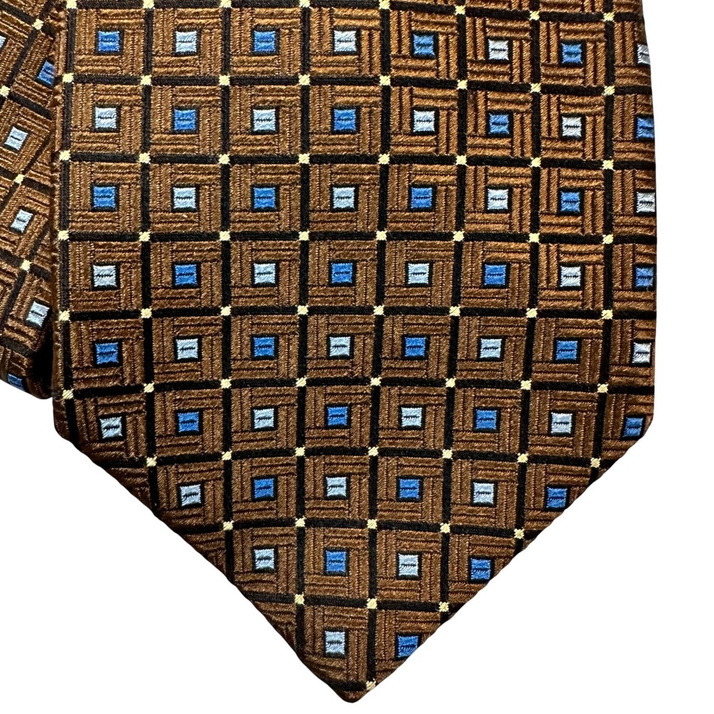 XMI‎ Nordstrom Mens Silk Tie Brown Blue Geometric Square Pattern Hand Made USA